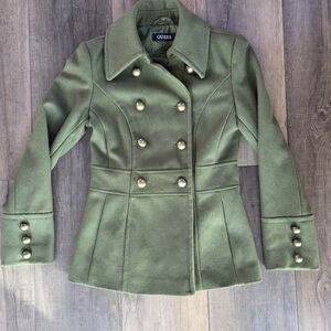 GUESS Women's Green Double-Breasted Wool Blend Coat